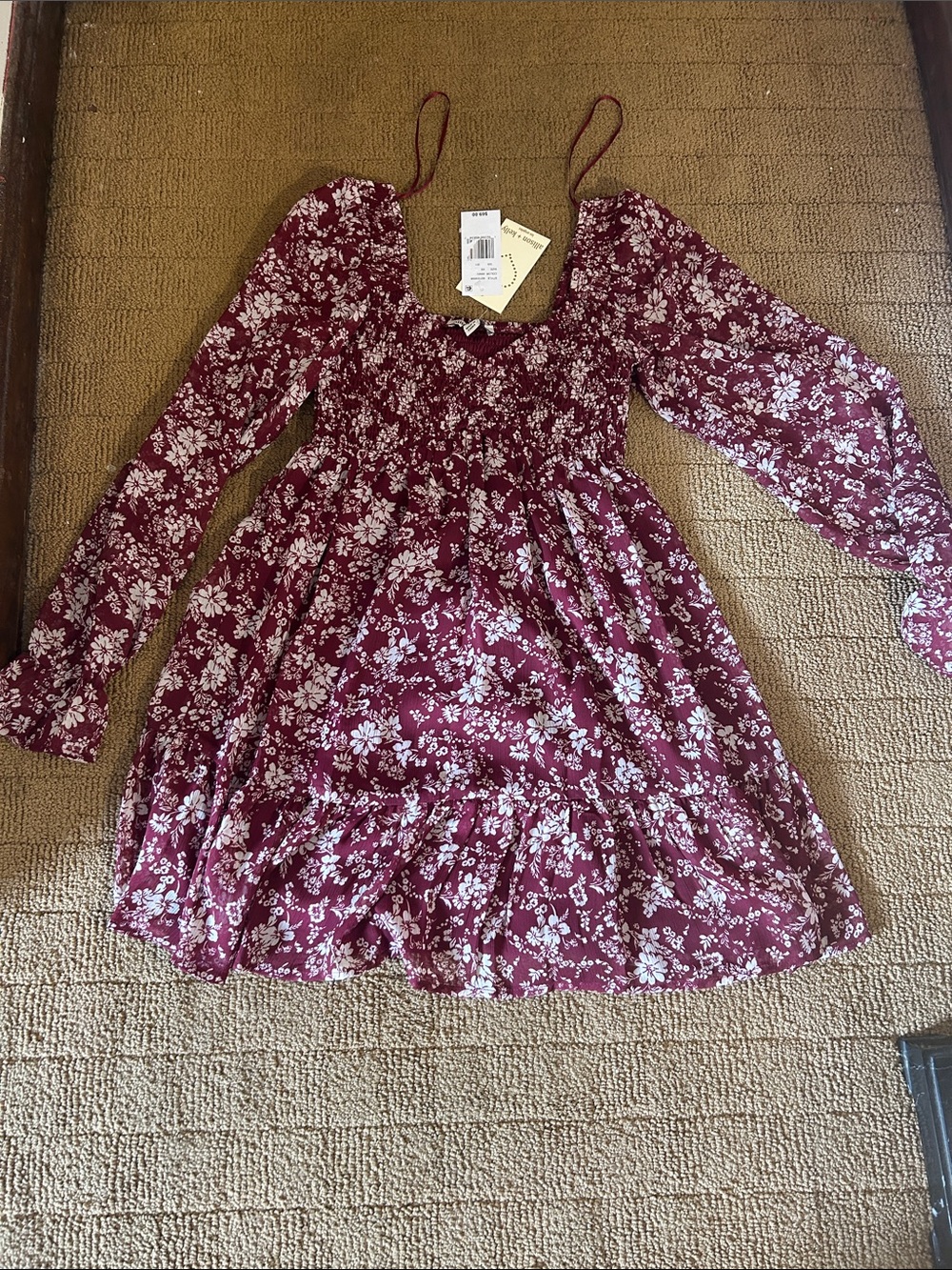 Smocked Burgundy Floral Long-Sleeve Casual Dress